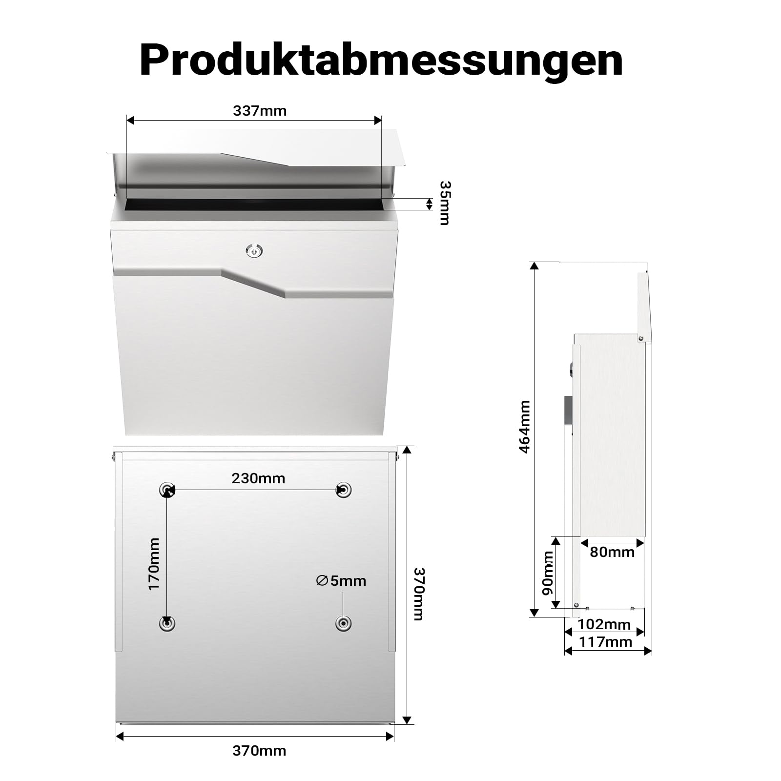 Wiltec Designer Briefkasten V19 Edelstahl 370 x 102 x 370 mm, Wandbriefkasten mit Schloss und Zeitungsrolle, Postkasten aus Stahl