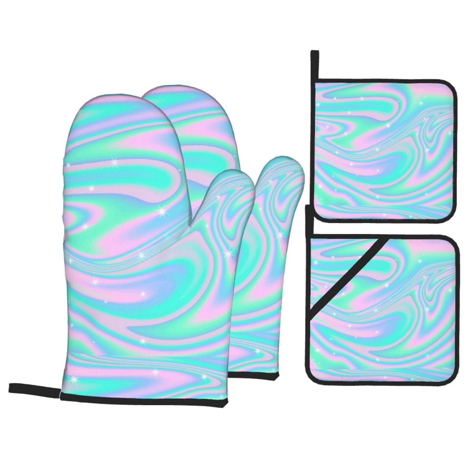 Holographic Abstract Background In Pastel Neon,Oven Mitts and Pot Holders Set of 4, Kitchen Anti-Slip Oven Glove High Heat Resistant Cooking Gloves