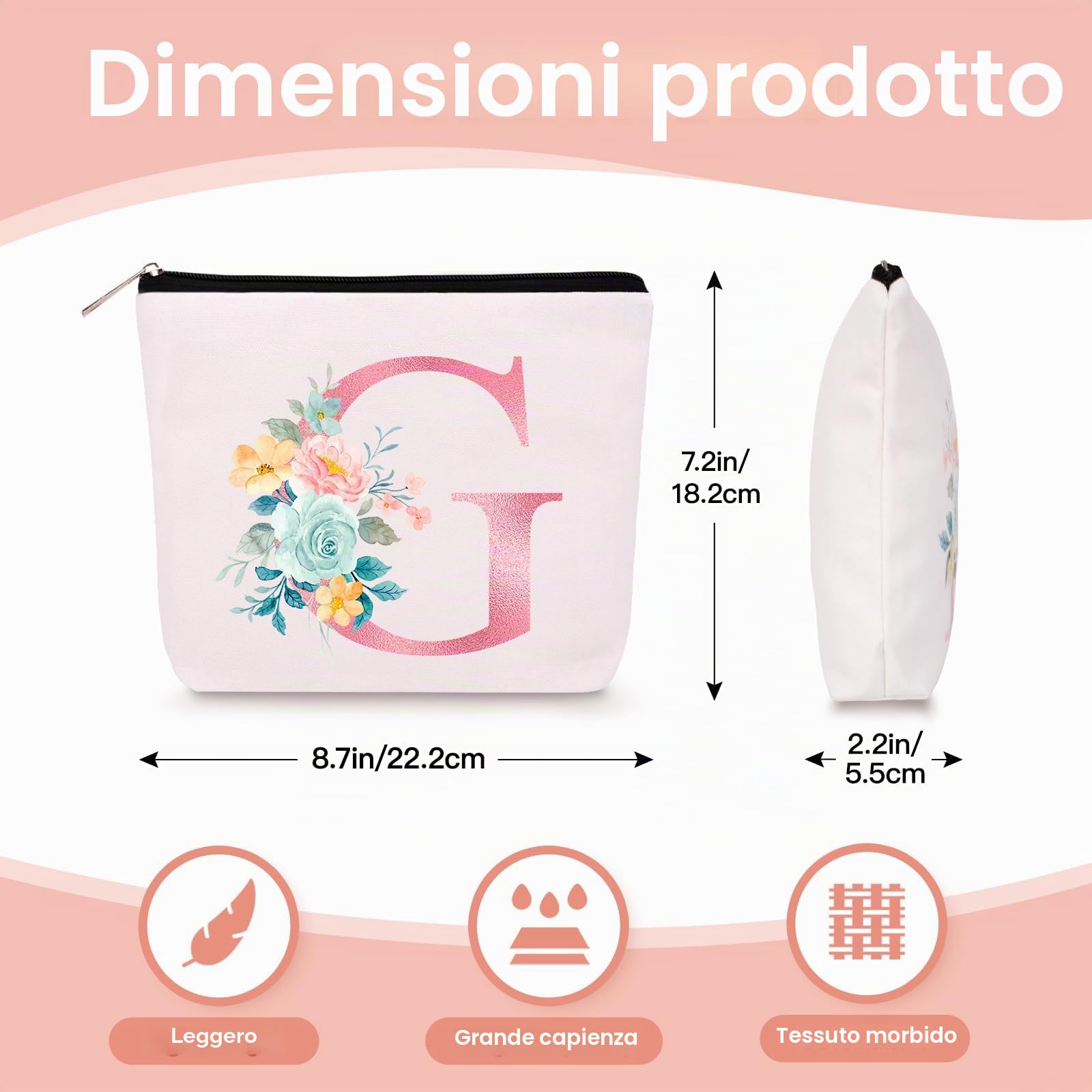 Bingtoo Borsa per il trucco personalizzata con iniziale per donna, Pochette personalizzata, Regalo donna compleanno, Regali natale, G