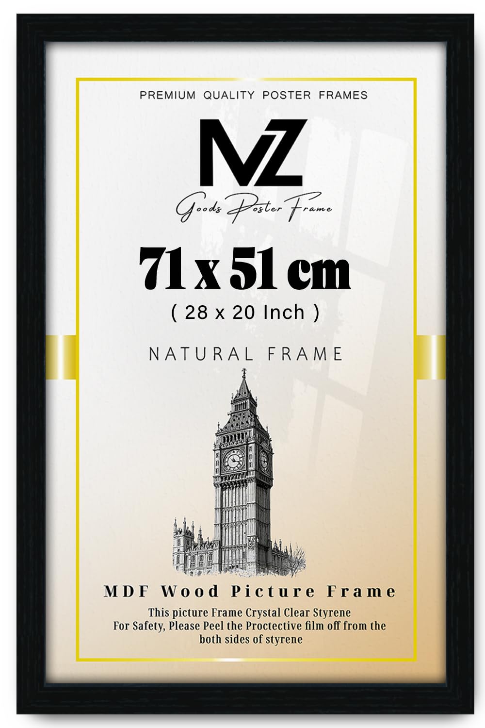 MZ GOODS | MDF Poster Frame (71 x 51 CM) 2' 4" x 1' 8" for Movie Posters, Classic Art & Posters, MDF Build, Portrait & Landscape Hanging Hooks [ Black ]