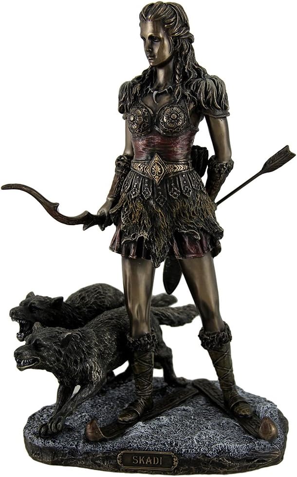 Veronese Design 10 7/8 Inch Skadi Norse Giantess Ski Goddess of Winter and Mountains with Wolves Cold Cast Resin Bronze Finish Sculpture