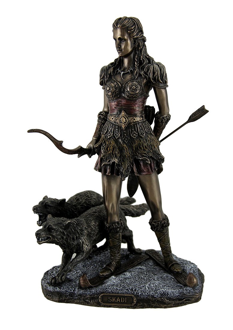 Veronese Design Zeckos Resin Statues Skadi Norse Giantess Ski Goddess Of Winter And Mountains With Wolves Statue 8 X 10.5 X 7 Inches Bronze