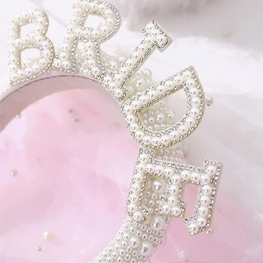 TRIXES Bride to Be Pearl Embellished Crown Headband - Hen Do - Women’s Bridal Shower Costume Accessory, Off-white - Image 3