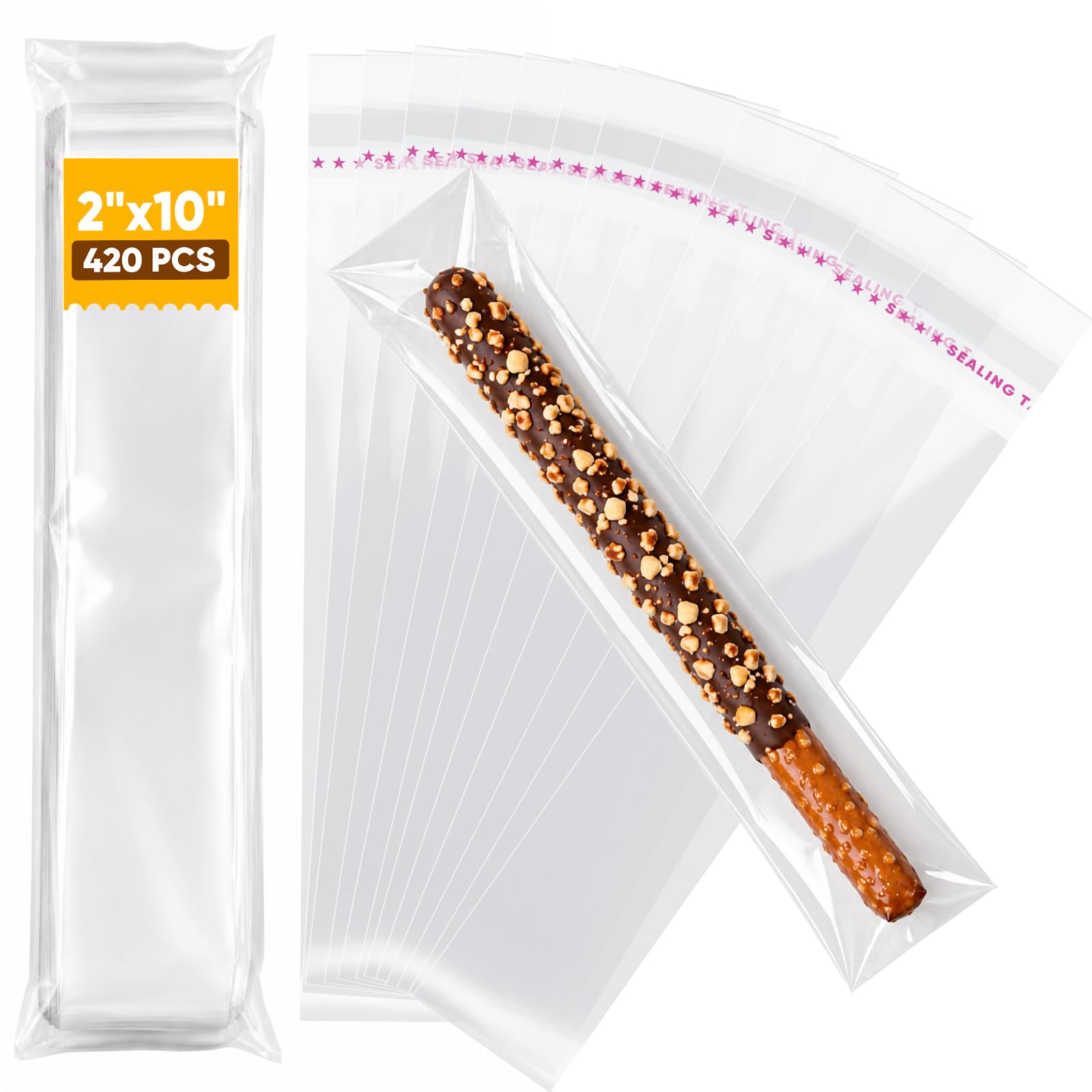 NEOACT 420 Pcs Pretzel Rod Bags, 2x10 In Clear Self Sealing Cellophane Bags