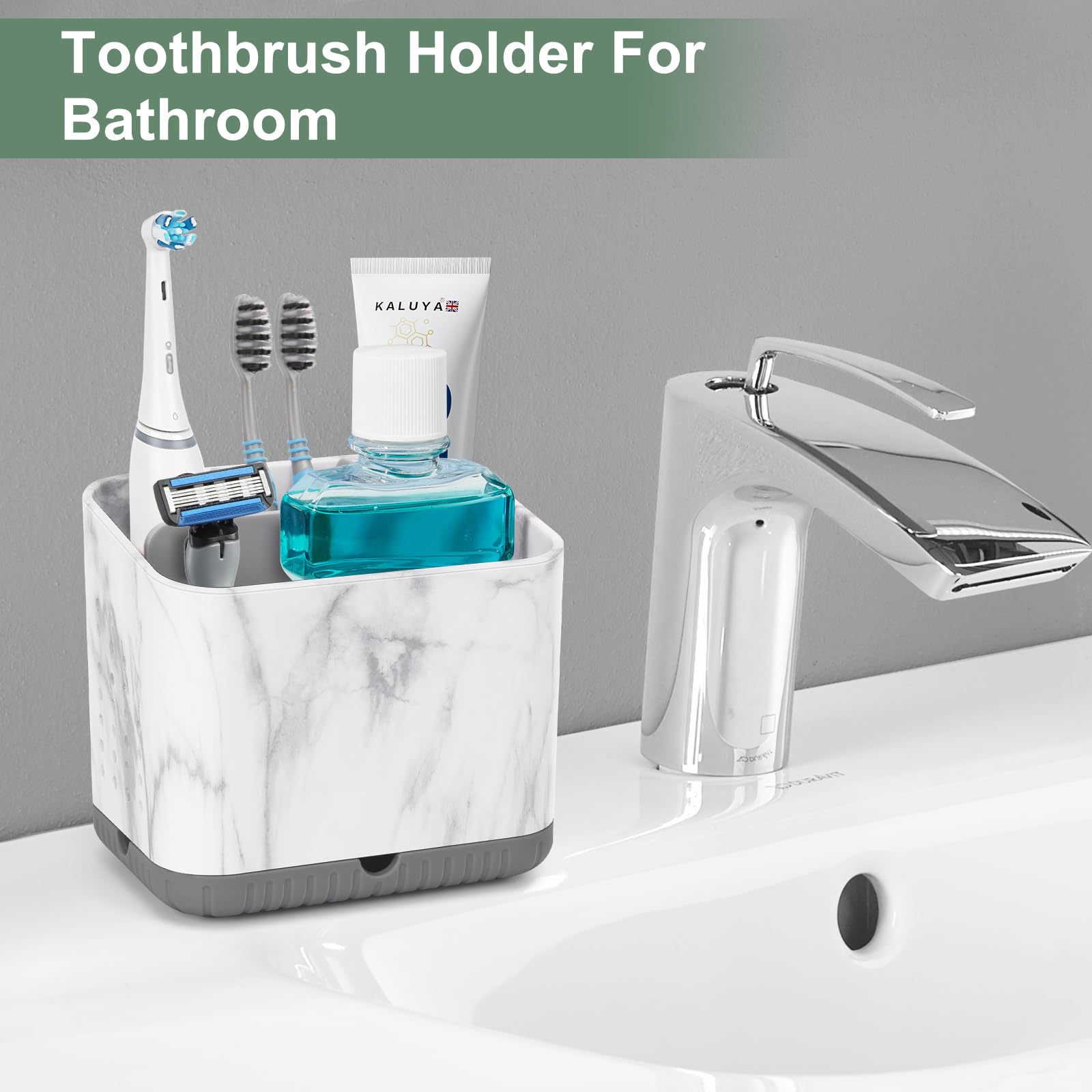 toprance Toothbrush Holder Caddy Marble-Look Electric Toothbrush Holder with Drip Tray - Image 2