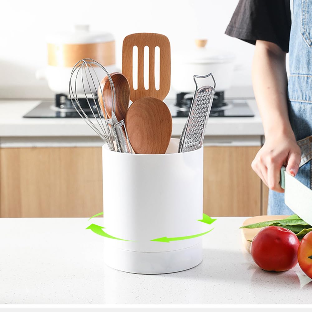 Organizador de Utensilios Giratorio 360°, Soporte Cocina ​​Encimera ​​Palillos Contenedor Almacenamiento Vajilla Casera Hogar ​​​​PP Cubiertos Porta Estante Cuchillos Versátil Ajustable(Blanco)