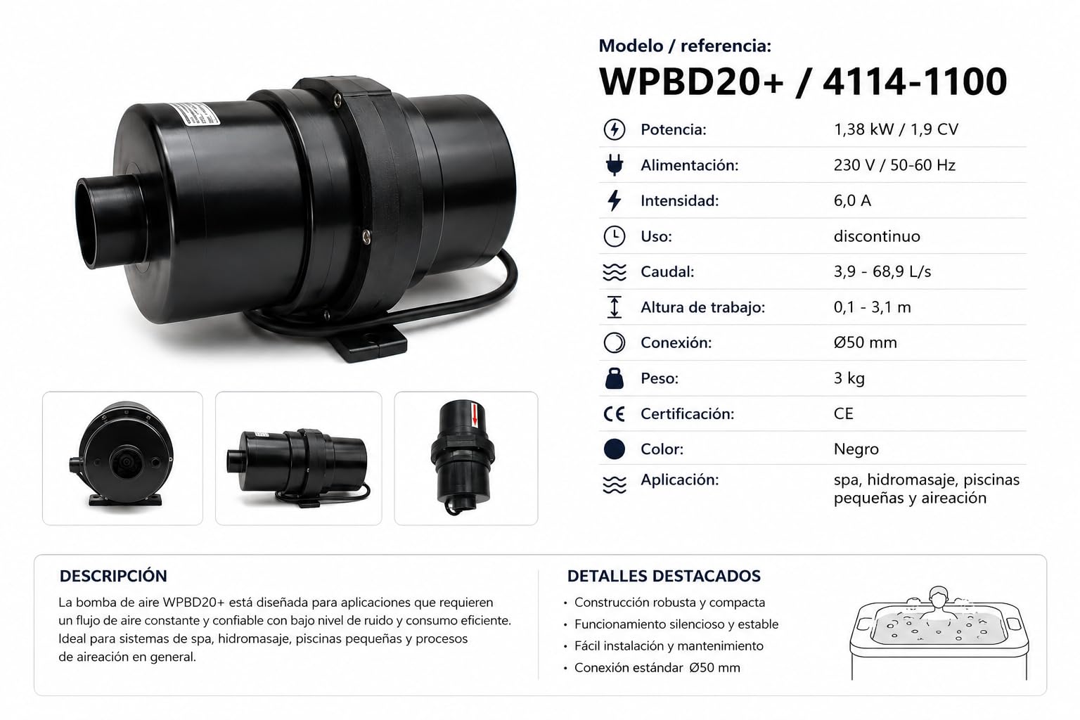 Warmpool Bomba Soplante para SPA e Hidromasaje, Turbina 1,9 CV, Uso Discontinuo, 230V, Ø50mm, Negro