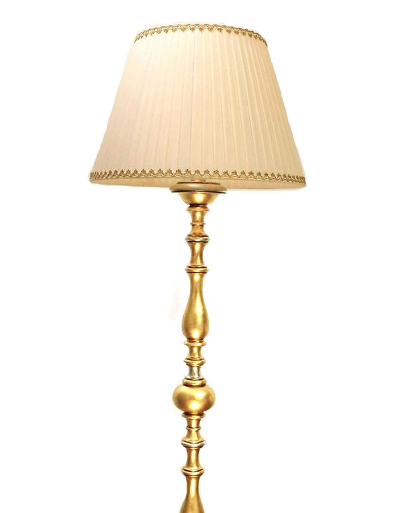 Lampada Da Terra Classica In Legno Oro E Argento - Artigianale Made In Italy, Altezza 170cm, Paralume In Tessuto