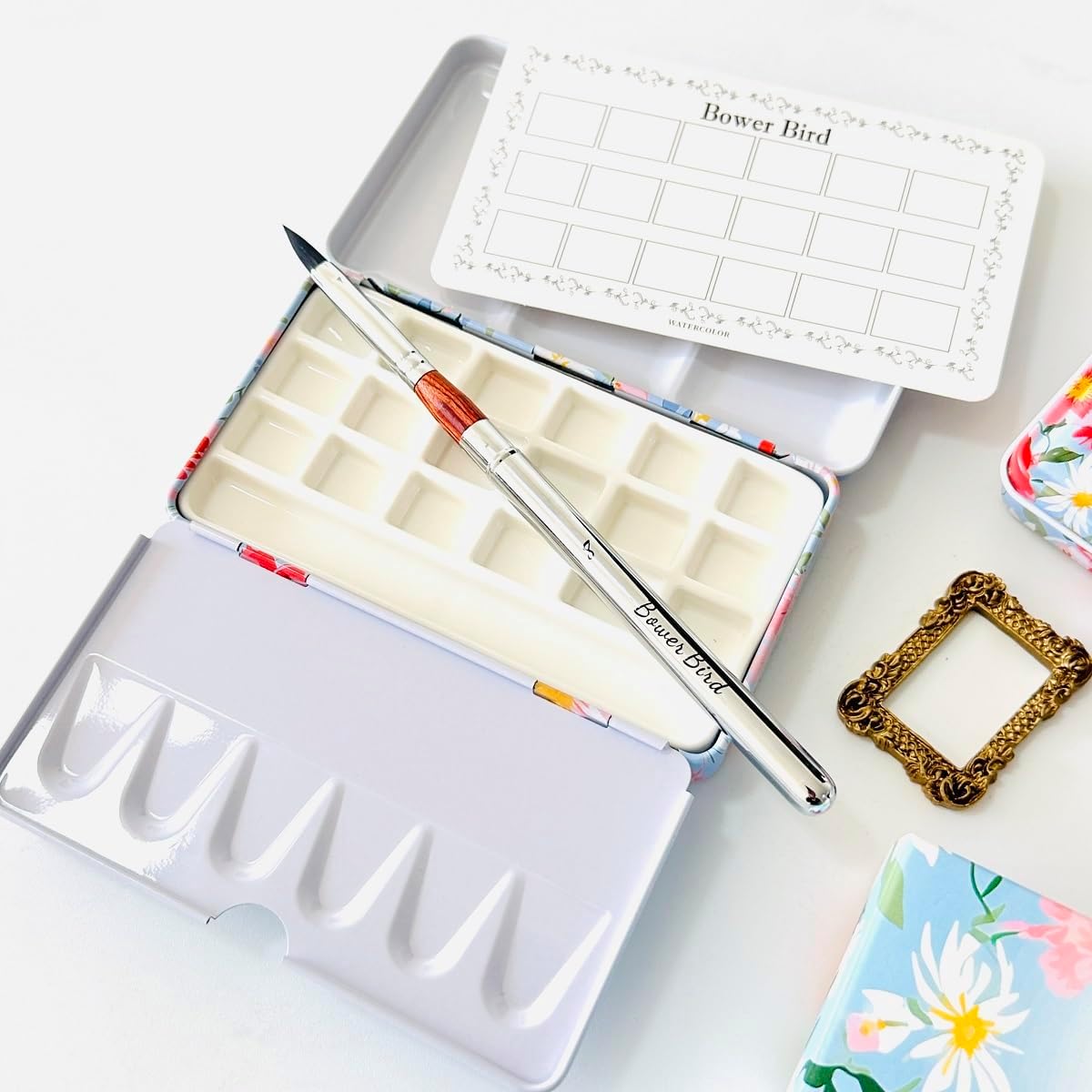 Bower Bird Travel Watercolor Palette,Portable Ceramic Palette 16 Well,Empty Paint Palette,Small Travel Metal Paint Boxwith Porcelain Palette (18Well Set)
