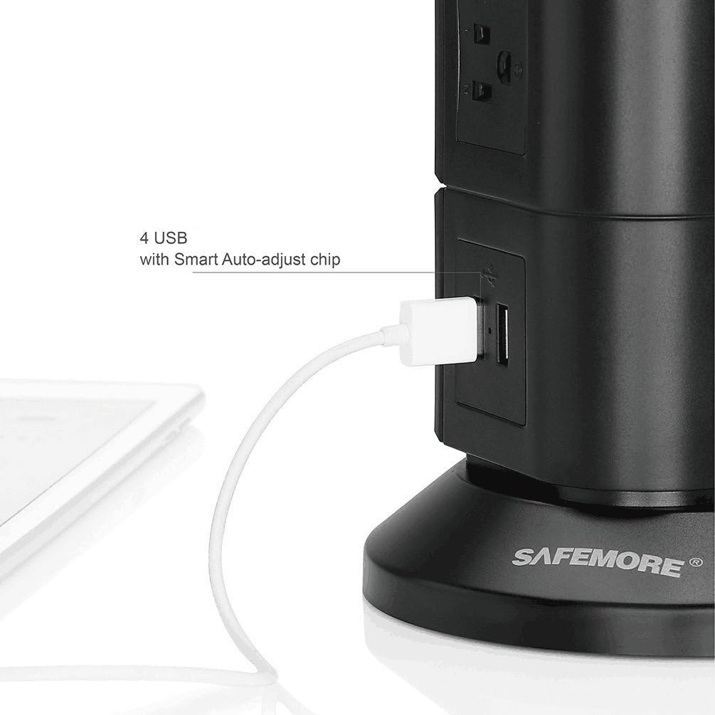 Power Strip Tower,SAFEMORE 6 Outlets Surge Protector with 4 USB(5V/4.2A/21W),Desktop Charging Station with 6.5ft Cord,1050J,Overload Protection,Widely Spaced Outlets Tower Socket for Office(Black)
