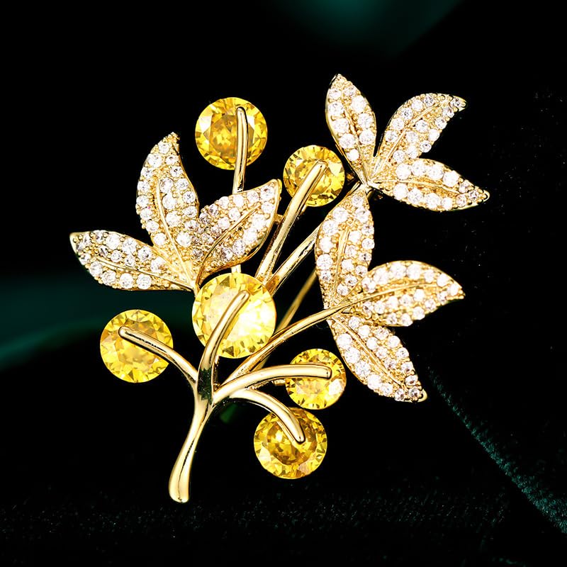 Image of Rhinestone Leaf Brooch Pins - Crystal & Gold-plated Lapel Pin Jewelry for Women - Birthday Gift for Wife or Friends