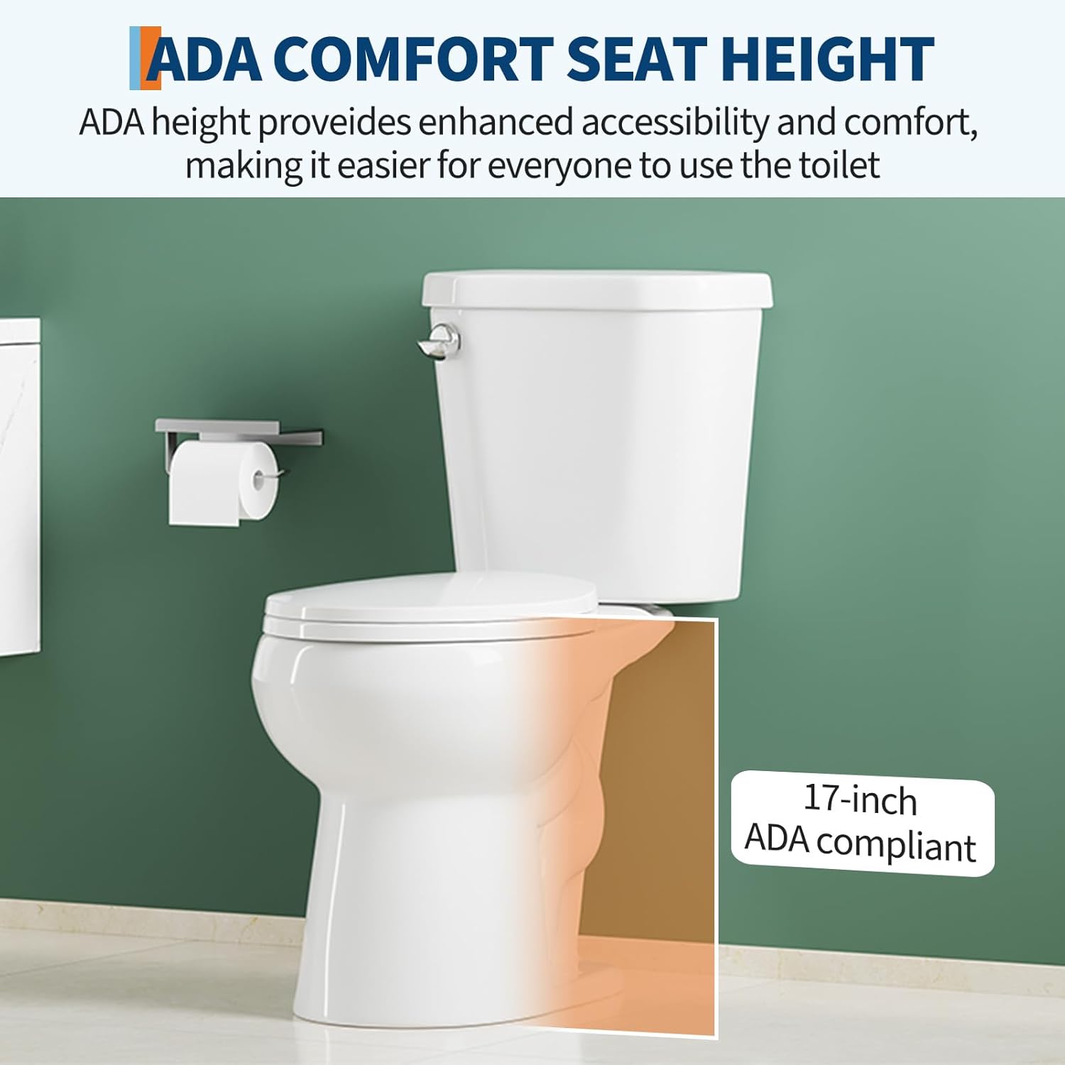 Two Piece Toilet, Round/Elongated Bowl, 17/19/21 Inch Height Available, CUPC Certified, Water Efficient 1.28 GPF, Modern Design