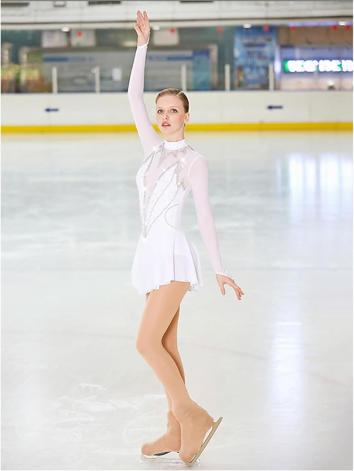 Figure Skating Dress Girls' Ice Skating Competition Outfit White Ballet Gymnastics Costumes Crystal Roller Skirt