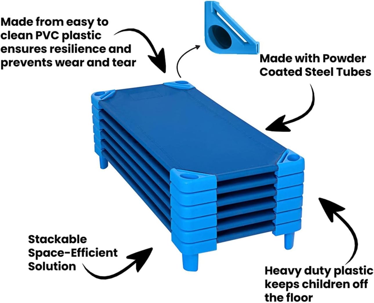 KORE Design Stackable Standard Cot, Durable Nap Cots for Toddlers, Portable Stackable Design, Comfortable Childrens Cot Bed for Daycare Preschool, Oval Legs, Blue, (52x23x7)