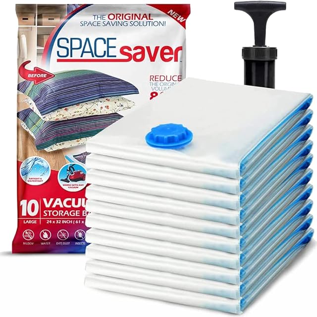Spacesaver Premium Vacuum Storage Bags. 80% More Storage! Hand-Pump for Travel! Double-Zip Seal and Triple Seal Turbo-Valve for Max Space Saving (Medium 10 Pack)