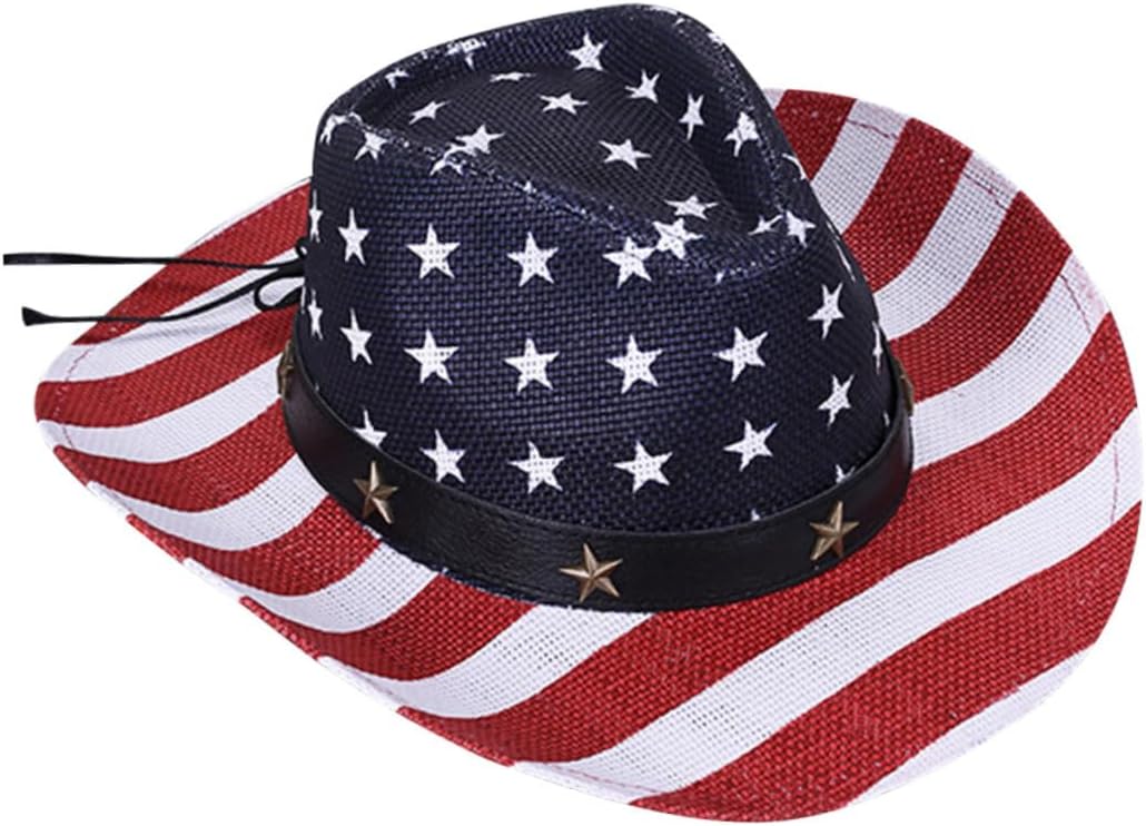 Uonlytech Western Cowboy Straw Hat for Men Wide Brim Sun Hat Outdoor Sun Protection Red Pattern Cowboy Cap for Beach Party Role Play