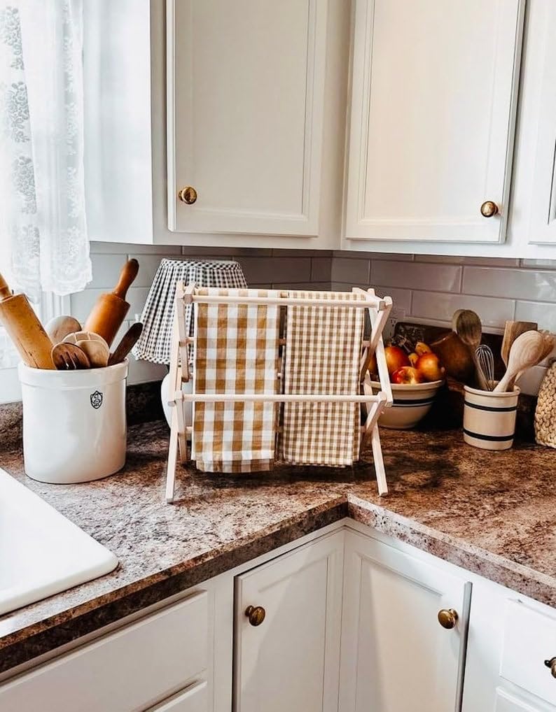 Floor-Standing Solid Wood Rotating Coat Rack，Collapsible Wooden Laundry Rack - Space-Saving Drying Stand for Kitchen Decor, Tea Towels, Baby Clothes, and Candles - Versatile Countertop Organ