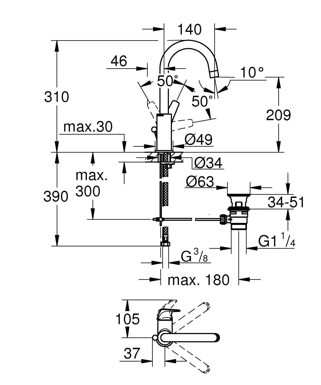 GROHE Start Flow, Waschtischarmatur hoch, wassersparend (Wasserhahn für das Bad, Badarmatur mit Zugstangen Ablauf, 31cm hoch, einfache Installation am Waschbecken), chrom, 23811000