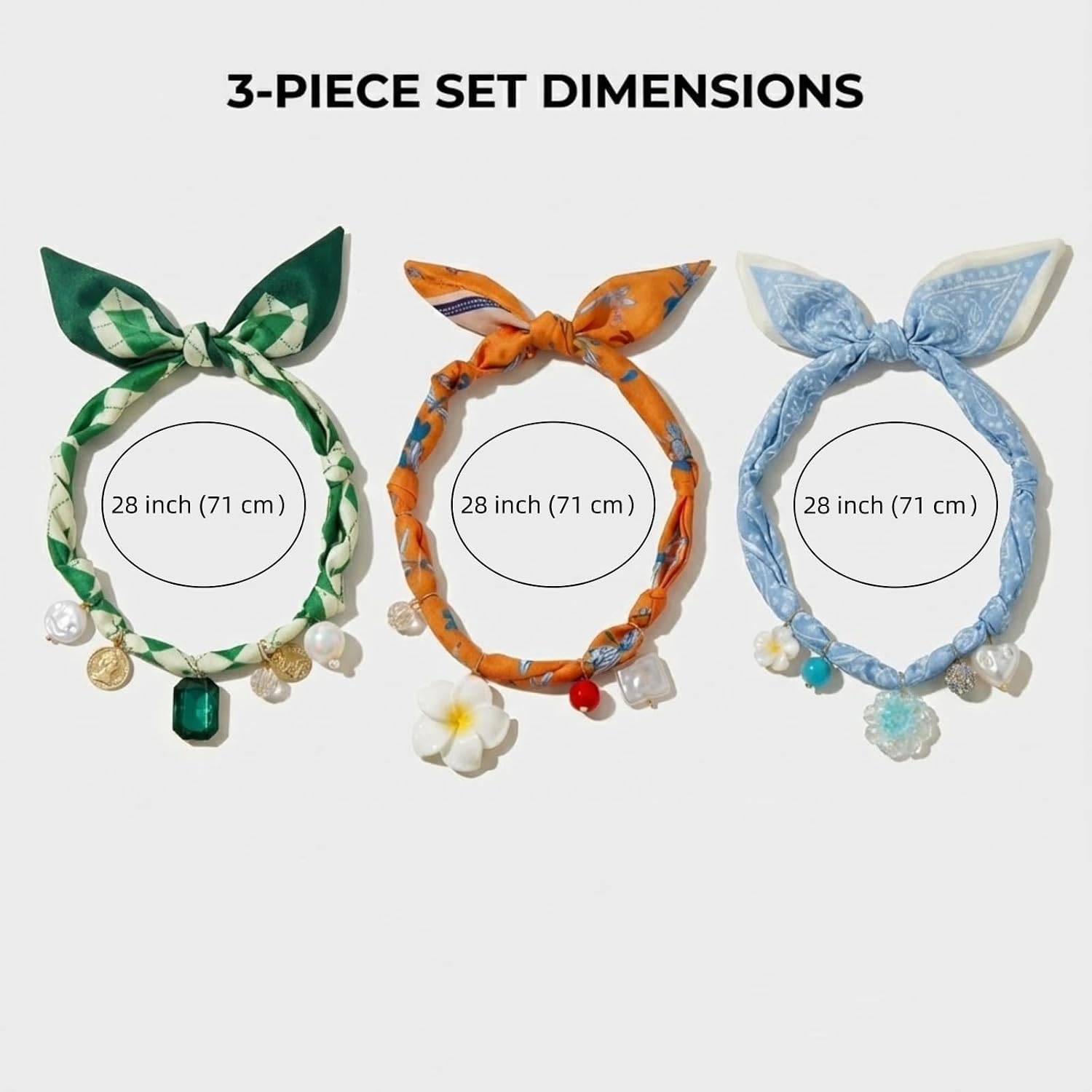 3 Pack Silk Scarf Necklace with Charm - Boho Beach Colorful Jewelry, Adjustable Scarf Choker for Women - 28 Inch Lightweight Fabric Necklaces, Green Orange Blue Polyester and Resin image 2