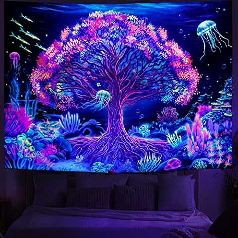 Amhokhui Blacklight Tree Tapestry UV Reactive Underwater World Tapestry Trippy Jellyfish Tapestry Colorful Plant Tapestry Neon Coral Reef Marine Life Tapestry Wall Hanging for Home Decor Cover