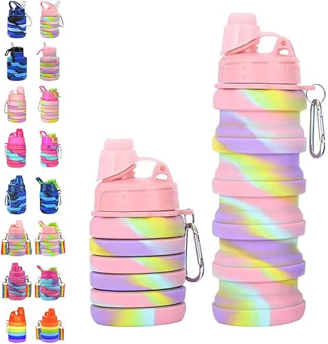 Botellas de agua deportivas plegables de silicona de 16.9 fl oz, 16 onzas, tapa giratoria a prueba de fugas, sin BPA, retráctil, para el hogar, al