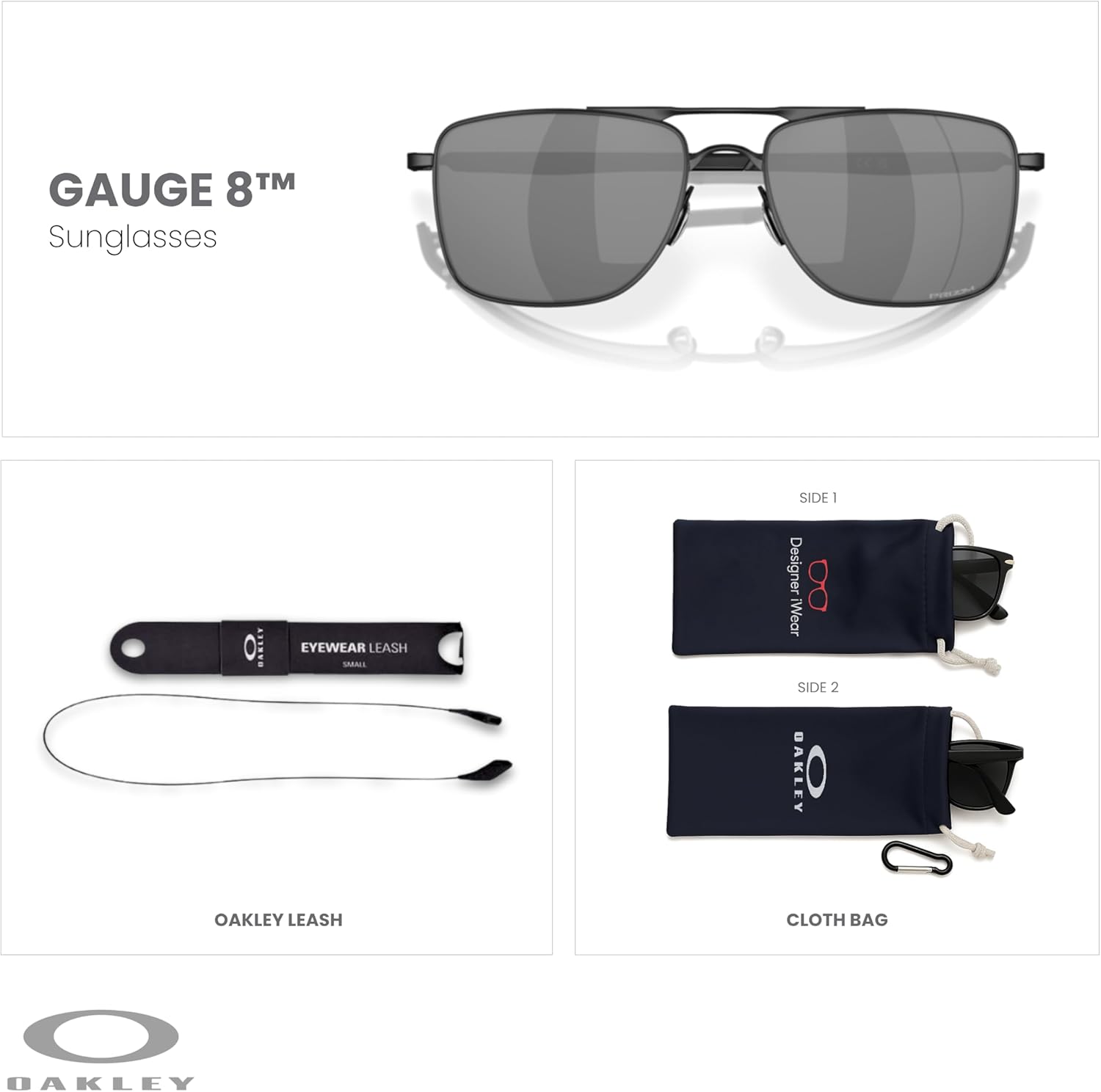 OAKLEY Gauge 8 OO4124 Rectangle Sunglasses for Men+ Bundle Accessory Leash Kit, Microfiber Pouch