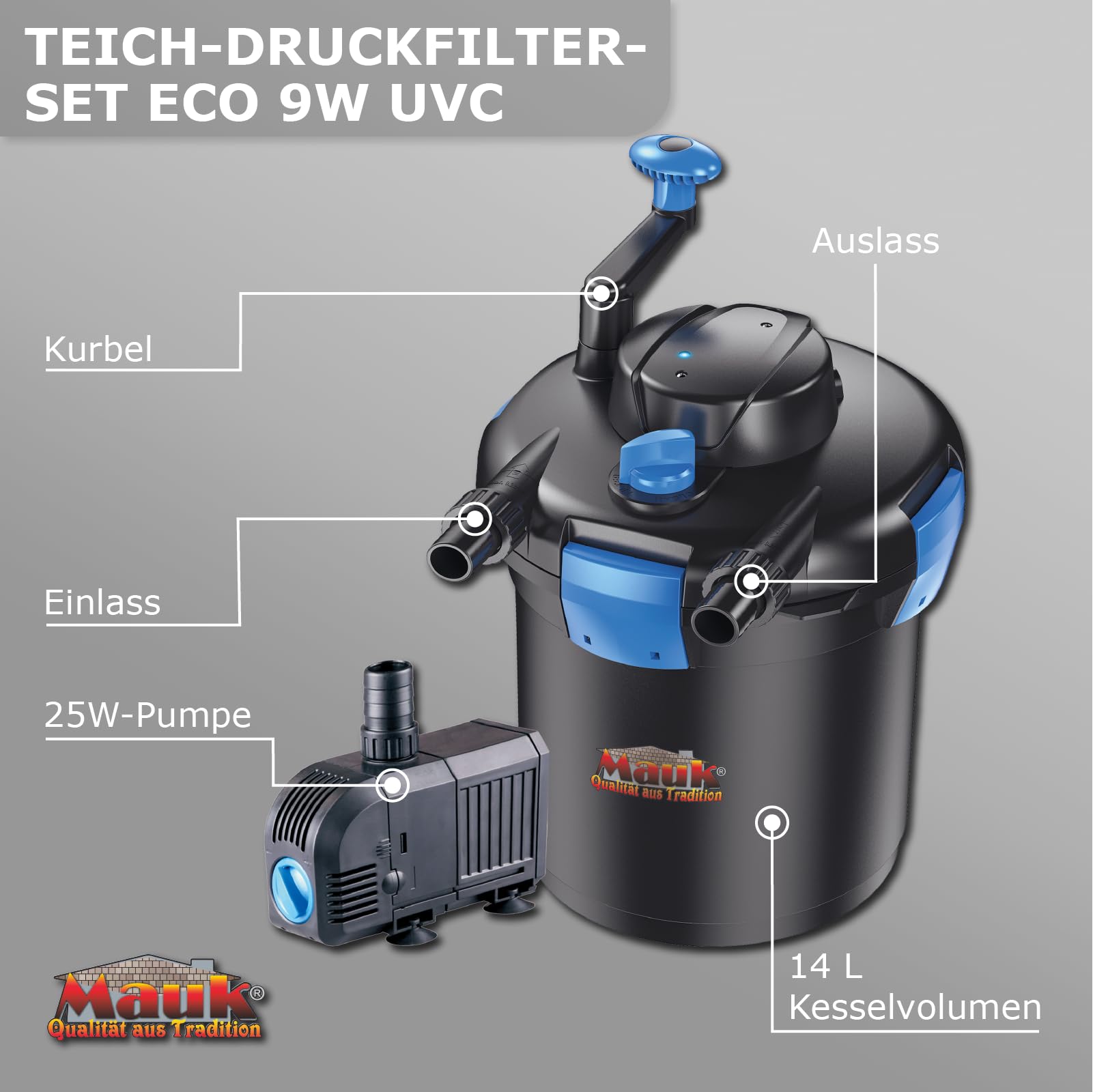 MAUK® Teichdruckfilter Komplettset | ECO 9W UVC Klärer mit Spin Clean Reinigung | inkl. Pumpe & Bachlauf Funktion | 4000 Liter - 8 Liter Kesselvolumen