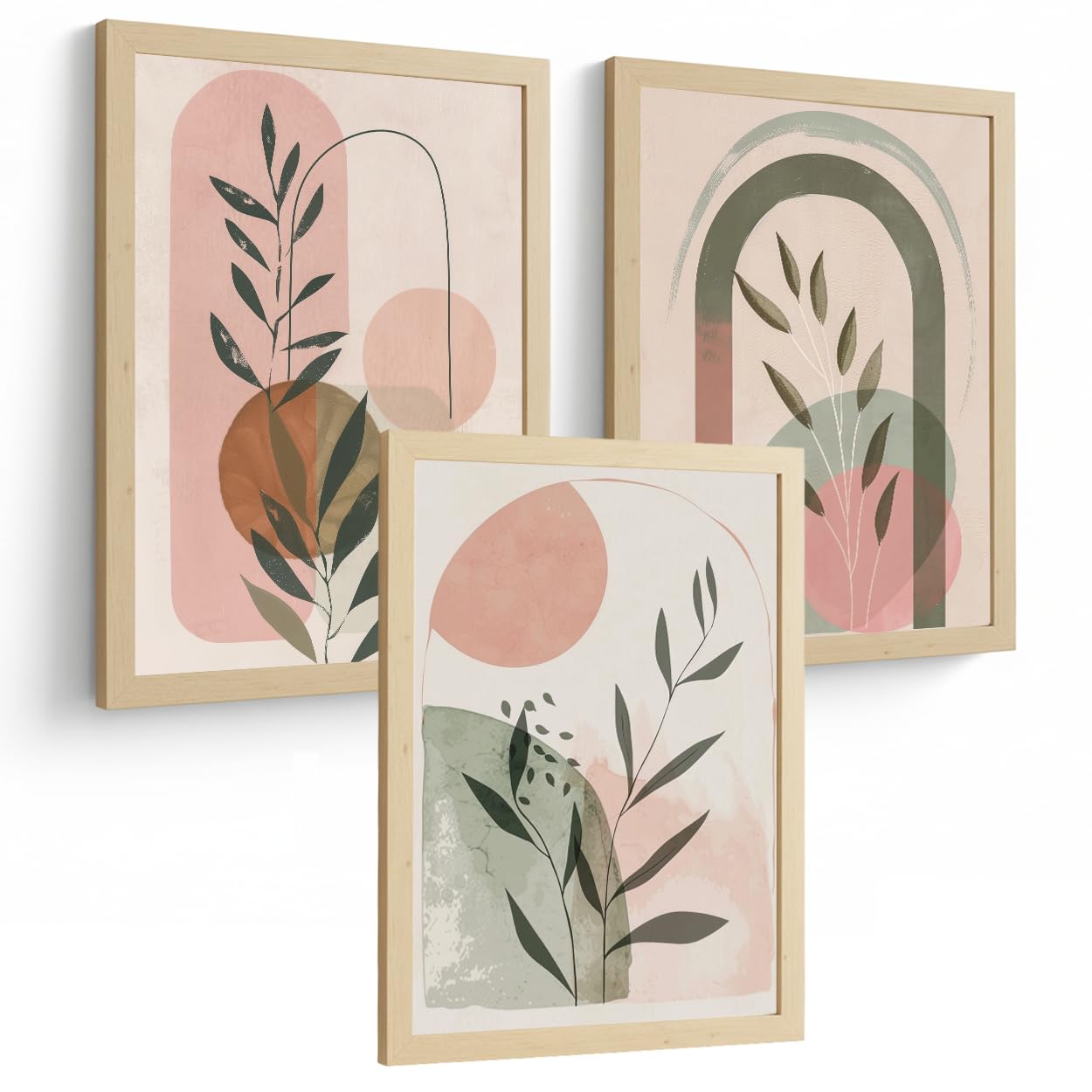 Nacnic Lot De 3 Affiches Décoratives Zestaw, Plantes Vert Pastel Et Rose, Pour Une Décoration De Salon Moderne Art Mural, Tableaux Décoratifs Motifs Floraux Dimensions A3 Cadre En Bois Léger