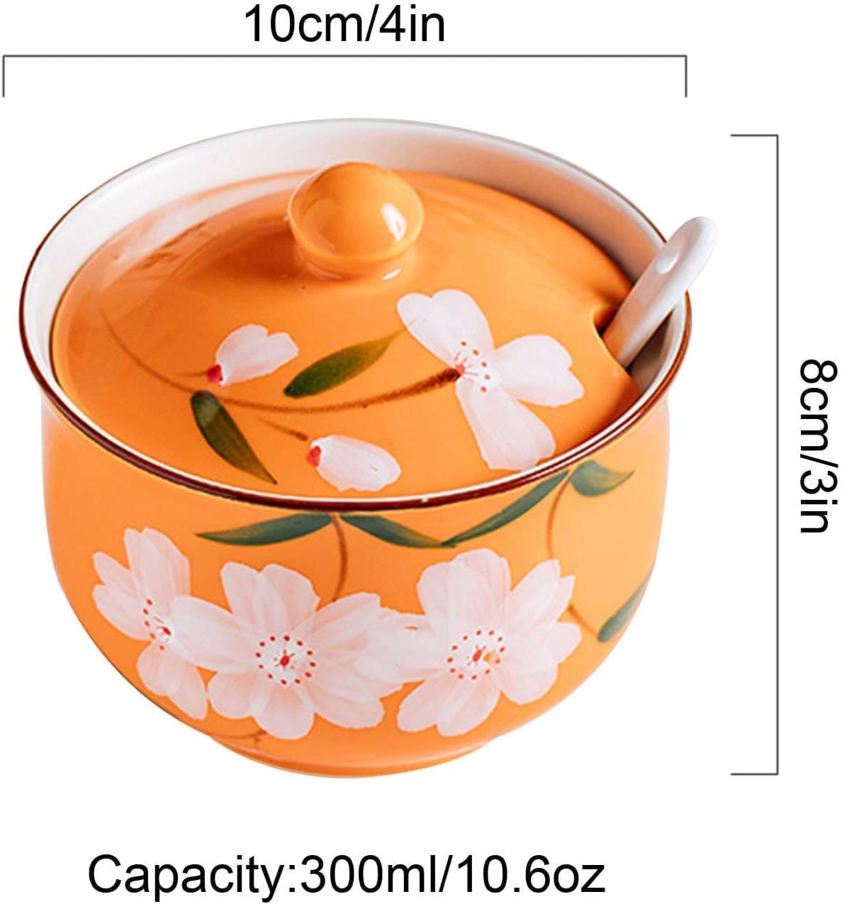 Sugar bowlPastoral Sugar Bowl with Lid and Spoon Cherry Blossoms Sugar Storage Jar Hand Painted Sugar Pot Seasoning Canister-Pink-300ml,Orange