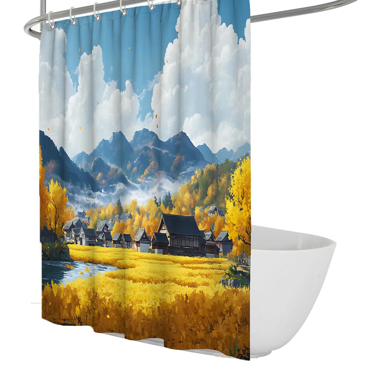 Herbst goldenes Weizenfeld Dorfhaus Duschvorhang W120xL200 cm
