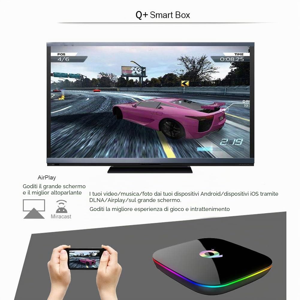 Android TV Box, Q Plus Smart TV Box con Android 10.0 2GB RAM 16GB ROM Processore Quad Core Cortex-A53 Supporto 6K 3D 2.4GHz WiFi 10/100M Ethernet