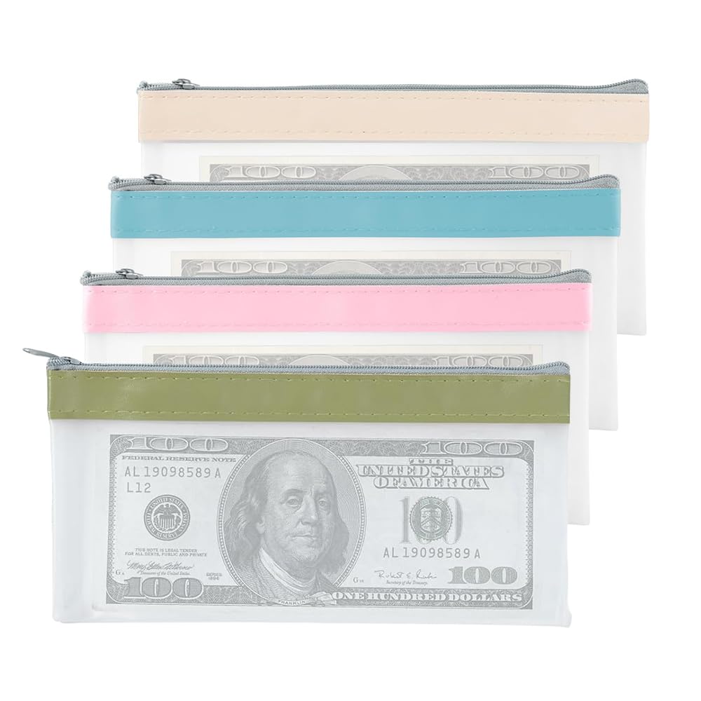 4 Pcs Money Wallet with Zipper, Money Bags for Cash, Clear Travel Moneys Wallets, Moneys Wallets for Cash, Plastic Coin Bag, for School Office Travelling(18.5cm*10cm)