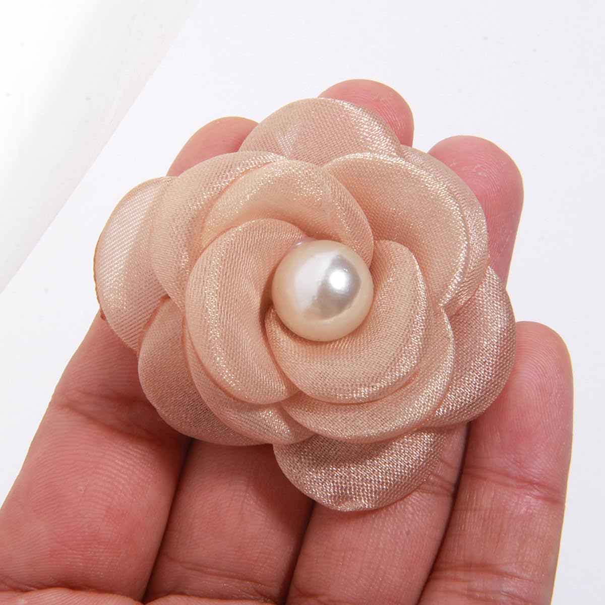 10Pcs 5.5cm Artificial Flowers Head with Bead Chiffon Fabric Hairpin Corsage Wedding Dress Clothing Hair Accessories Silk Flowers (10Pcs Khaki)