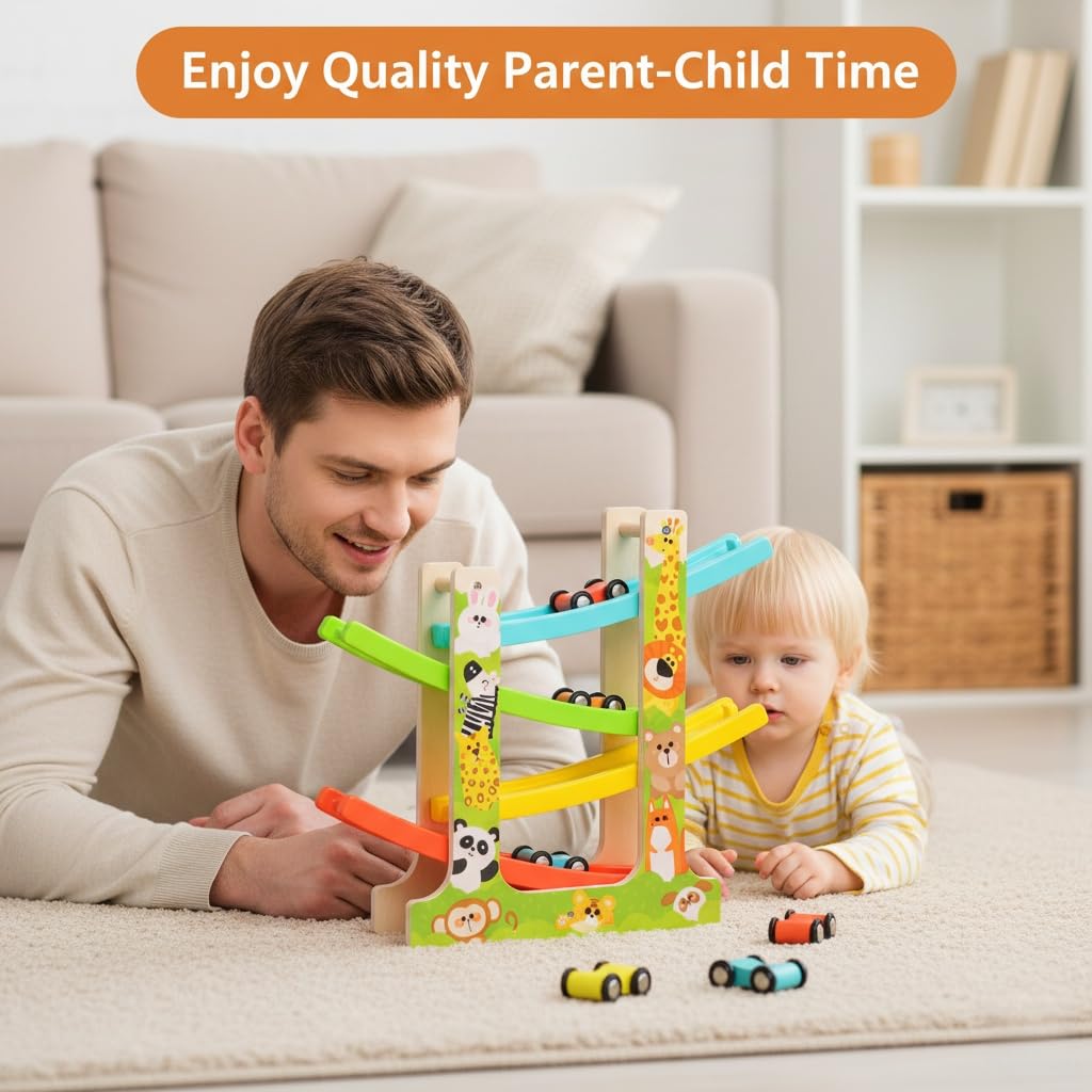 Muslecid Wooden Car Ramp Toys with 6 Cars for 1 2 3 Year Old Boy Girls Gifts - Image 4