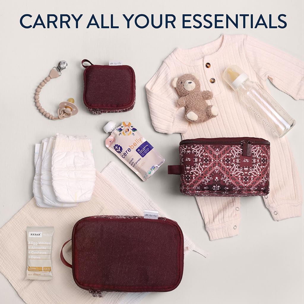 Itzy Ritzy Packing Cubes for Travel – Set of 3 Packing Cubes or Travel Organizers – Each Cube Features a Mesh Top, Double Zippers and a Fabric Handle (Paisley Wine)