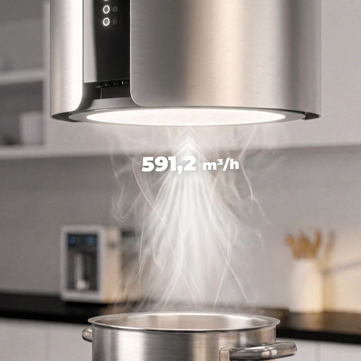 Cecotec Okap okrągły 38 cm Bolero Flux CRE 385500 Inox A+. Ssanie 591,2 m³/h, sterowanie przyciskami elektronicznymi, filtr węglowy, klasa A+, silnik prądu stałego