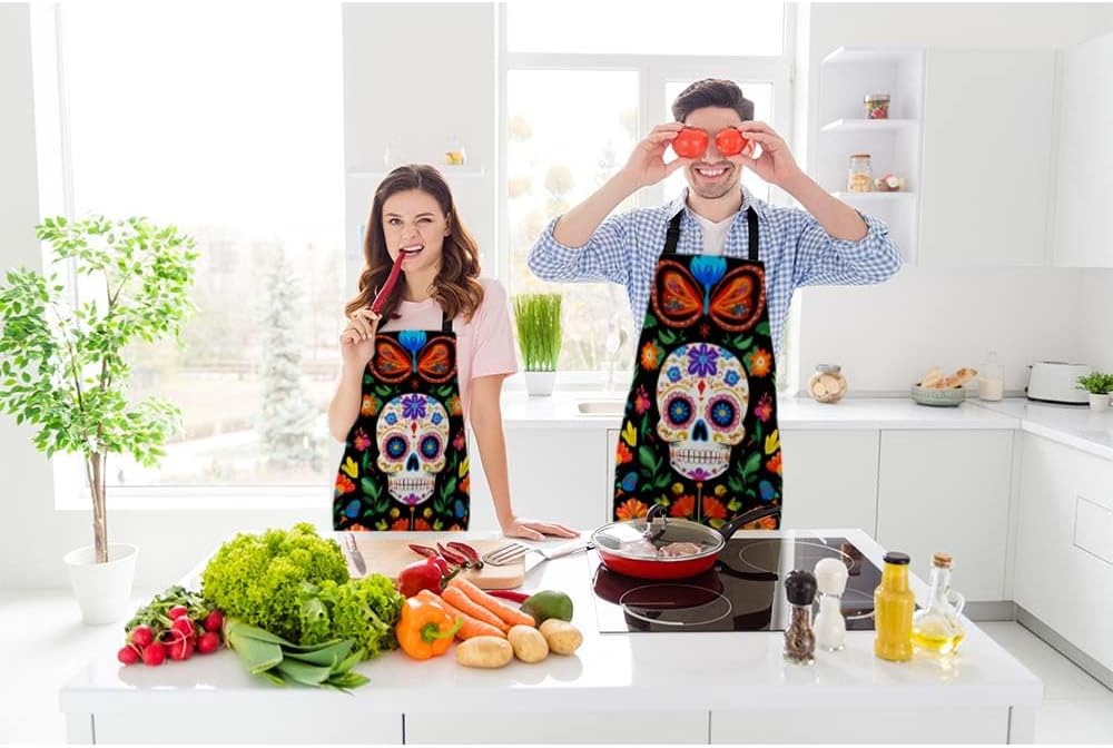 Mexican Sugar Skull Floral Kitchen Bib Apron Vintage Skeleton Head with Color Floral Leaves Polyester Adjustable Apron for Outdoor BBQ Gardening 27" X 31" for Chef Waitress - Image 2