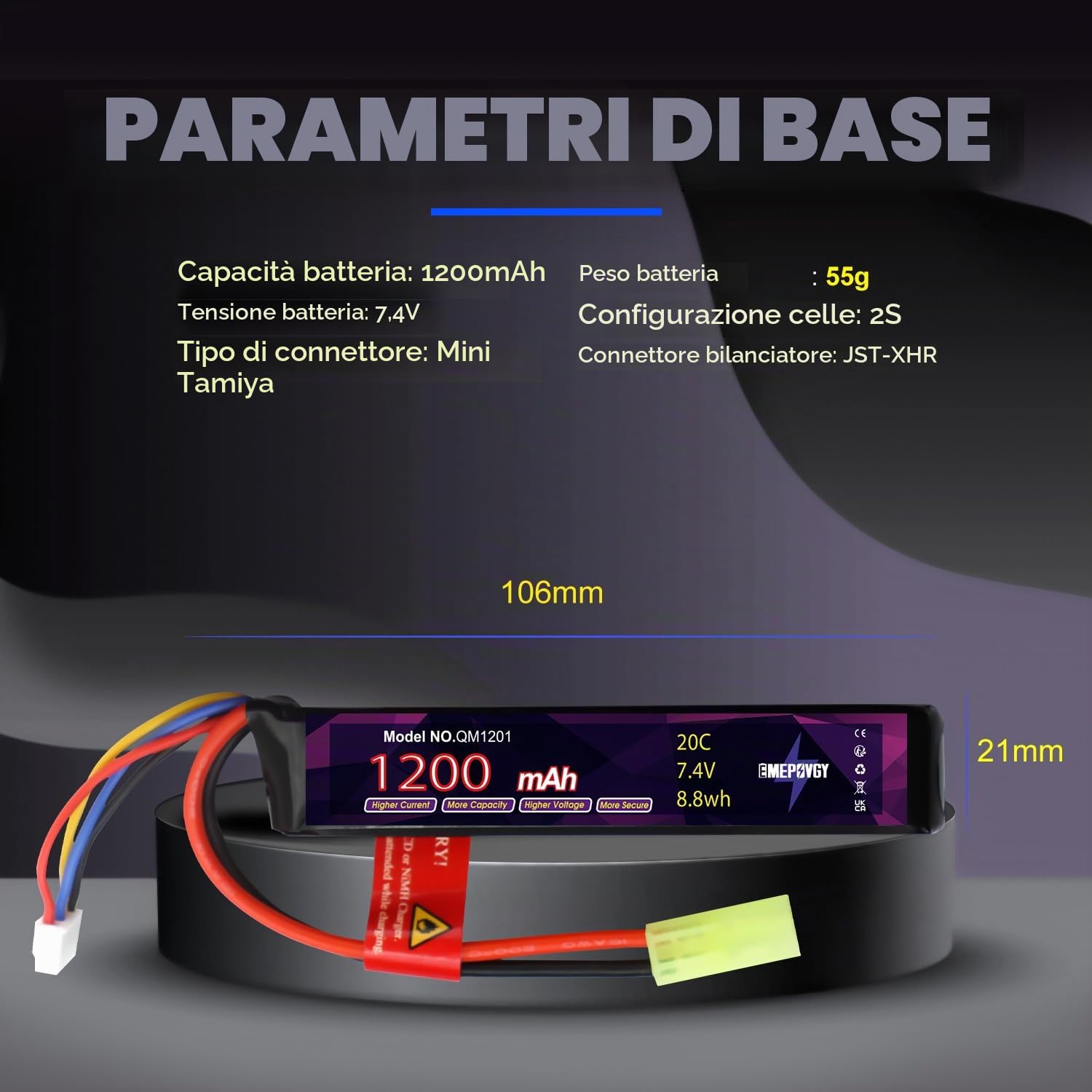 2S Lipo Airsoft - Batteria ricaricabile ai polimeri di litio, 7,4 V, 1200 mAh, 20C, con mini spina TMY per fucili da softair - 2096 (2 confezioni)