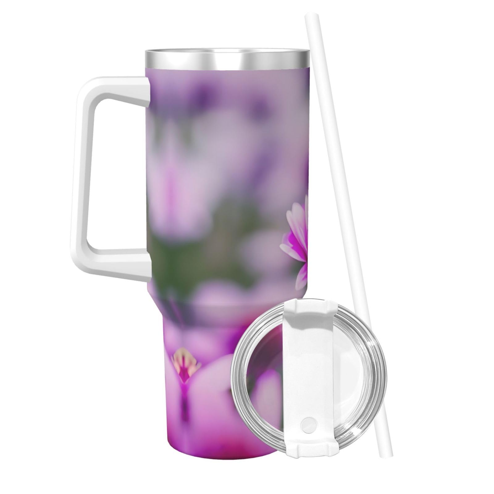 Trinkflasche aus Edelstahl, doppelwandig, isoliert, mit Griff und Strohhalm-Deckel, 1,2 l, Pink Flower Purple Butterfly 1