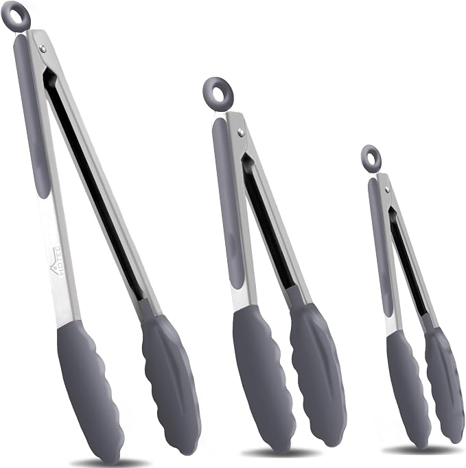HOTEC Premium Stainless Steel Locking Kitchen Tongs with Silicon Tips, Set of 3-7", 9" and 12" (Classic Blue)
