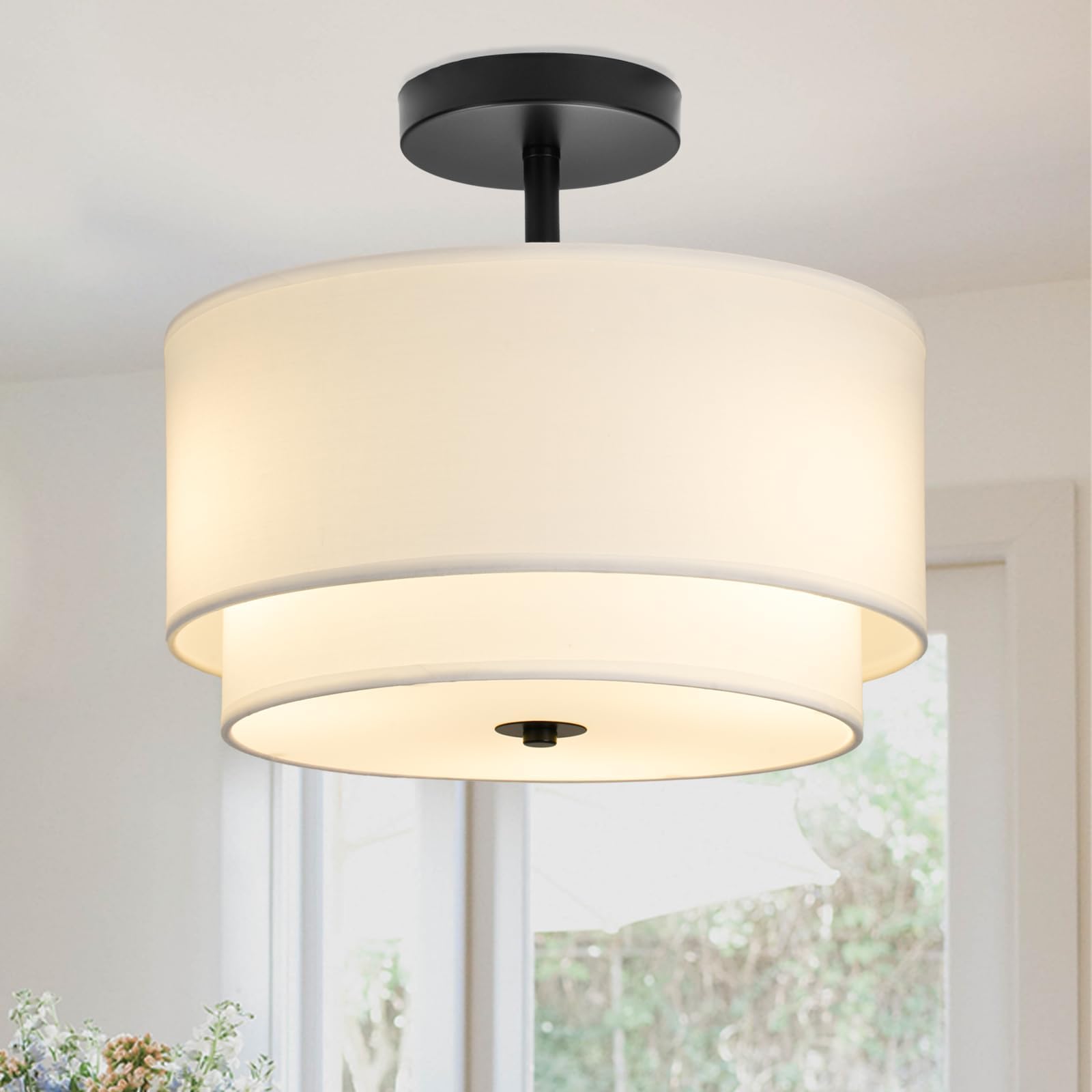 Vexagyle 3-Light Semi Flush Mount Ceiling Light Fixture,12.6inch Modern Close to Ceiling Light with 2-Layer White Drum Fabric Shade,Entryway Light Fixture Ceiling Mount Lamps for Bedroom Dining Room