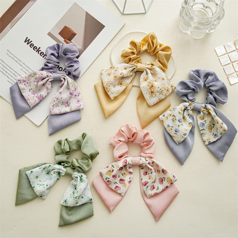 5PCS Large Satin Silk Scrunchies for Women Rabbit Bunny Ear Bow B...