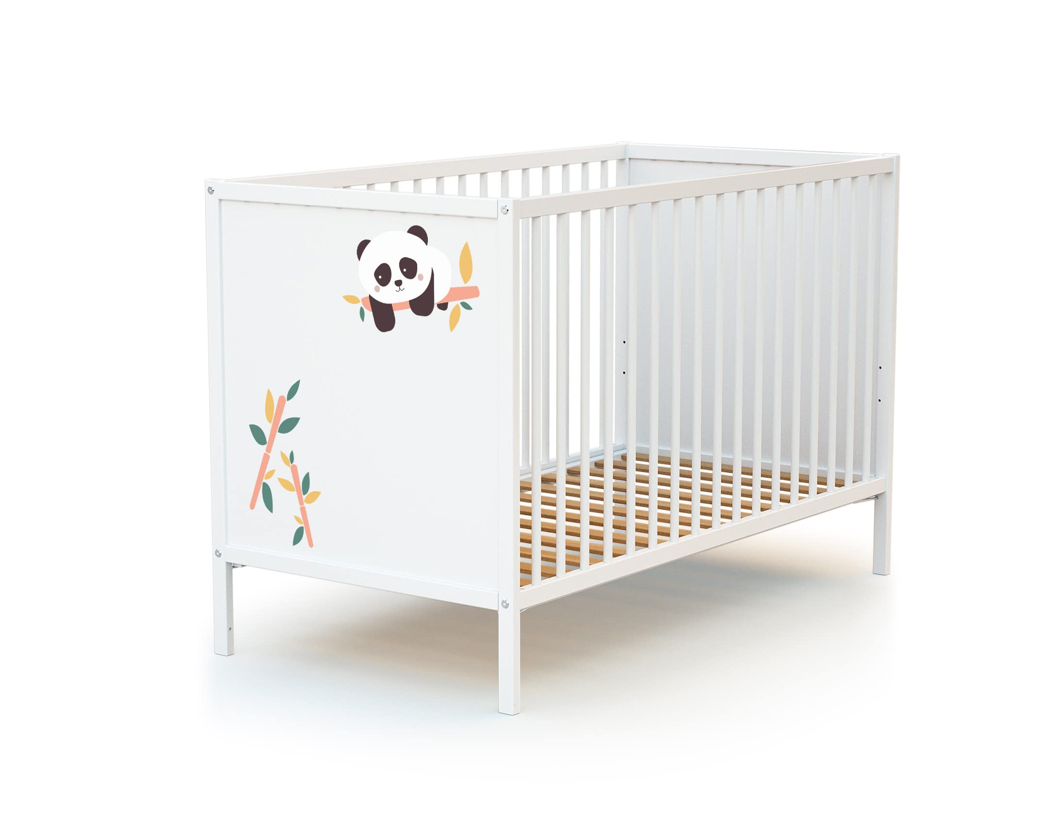 WEBABY - Łóżeczko panelowe 60x120 Panda Biała ALBA | 124 x 64,5 x 82 cm | Łóżko drewniane 100% lity buk | Regulowana podstawa łóżka na 3 wysokościach