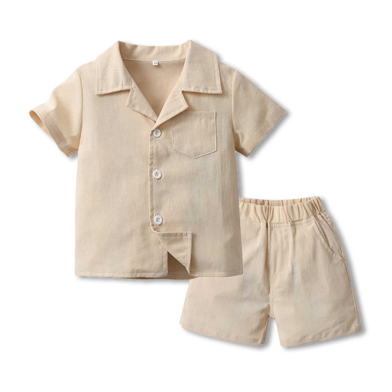 AngelBabies Kurzarm-Set für Jungen Einfarbiges Baumwollhemd mit Reverskragen Bequeme Shirts Lässige Shorts Atmungsaktiv Schnell Trocknend Oberteil Sommer Alter 2-6 Jahre