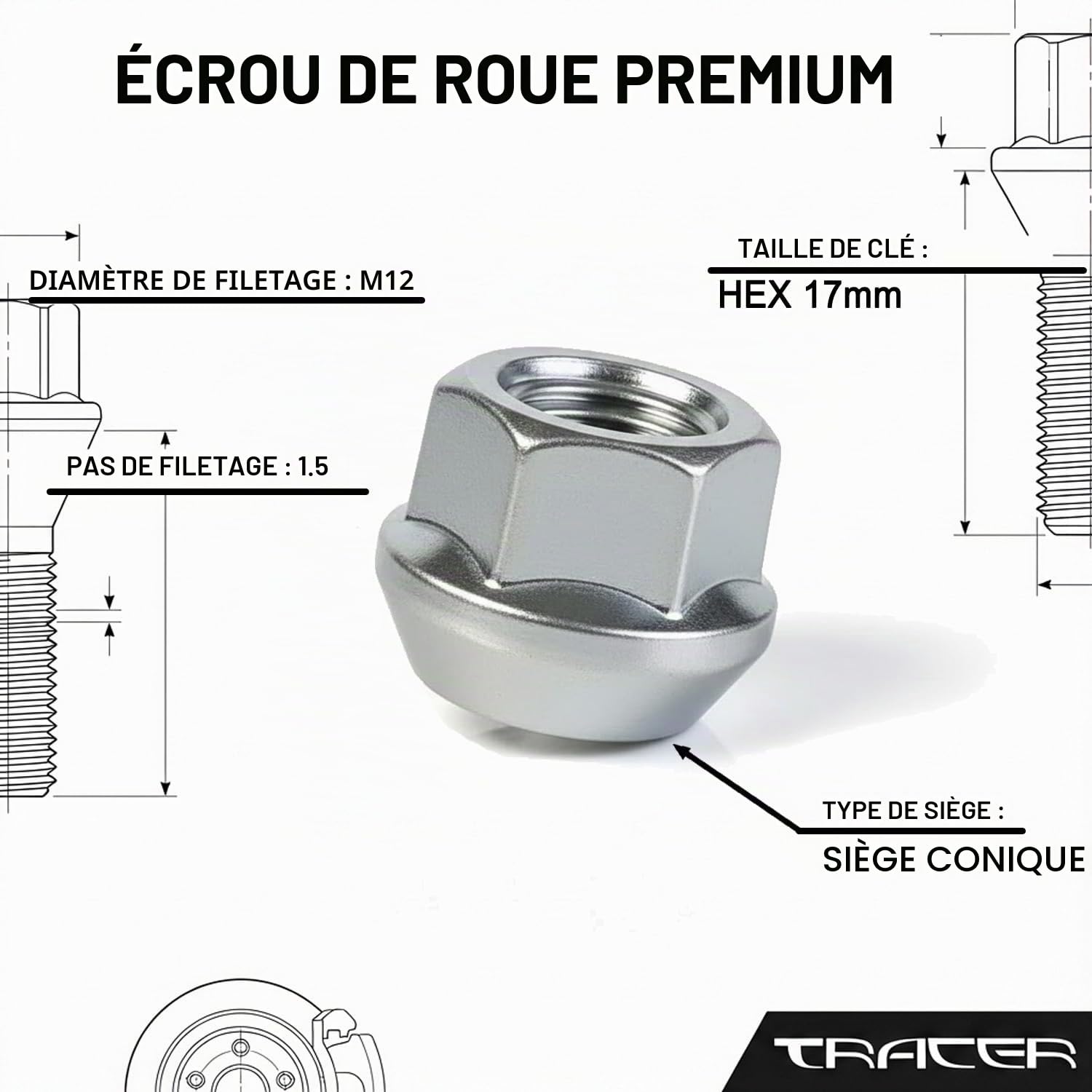 TRACER 20 Écrous de Roue Coniques fermés M12 x 1,5 Compatible/remplacement pour Ford fiesta escort focus c-max b-max cougar cosworth orion fiesta fusion mondeo, puma, kA scorpio sierra streetKA windstar consul capri granada