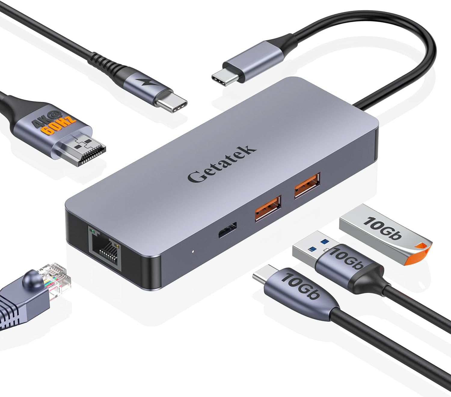 USB Ethernet Hub, USB C Multiport Adapter with 4K@60HZ HDMI,10Gbps USB C and 2 A Data Ports, 100W PD Charging, RJ45, Suit for MacBook/Dell/Lenovo,iPhone,Ipad and More