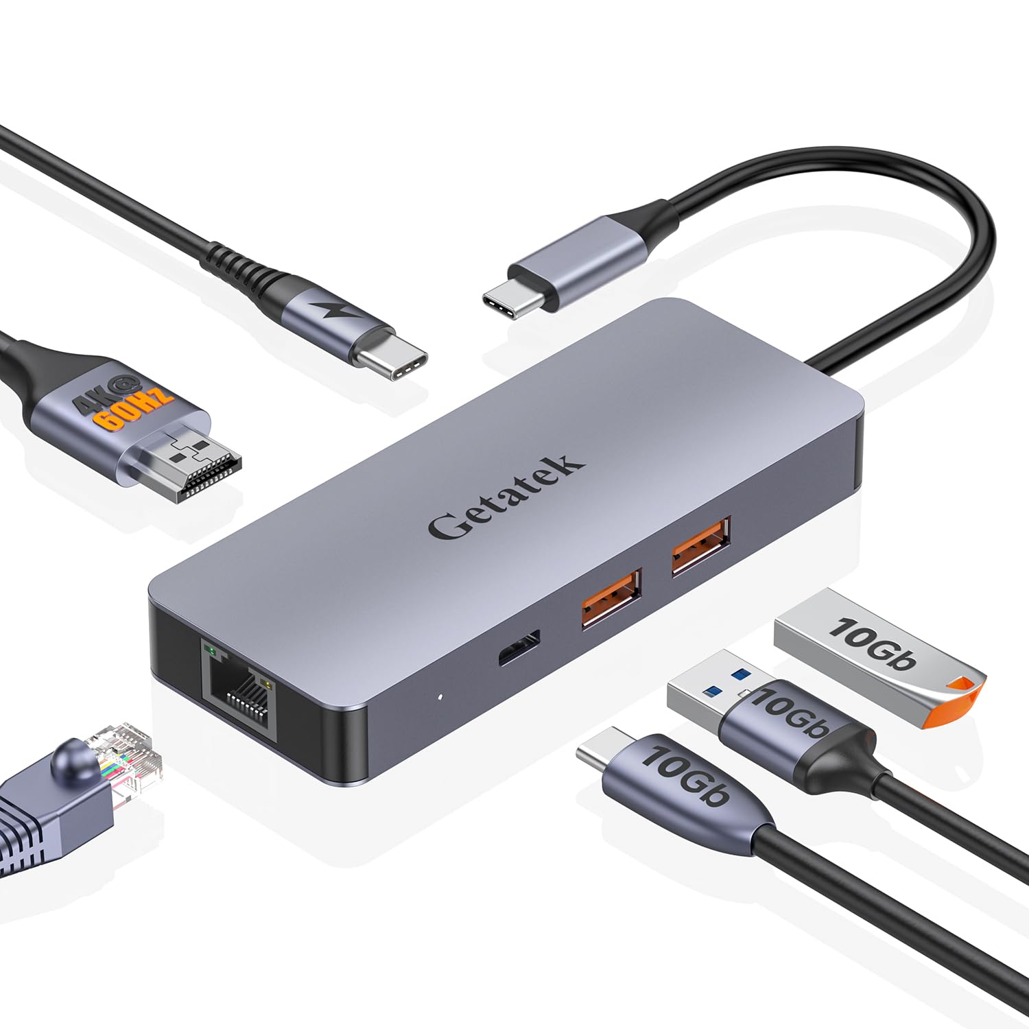 USB Ethernet Hub, USB C Multiport Adapter with 4K@60HZ HDMI,10Gbps USB C and 2 A Data Ports, 100W PD Charging, RJ45, Suit for MacBook/Dell/Lenovo,