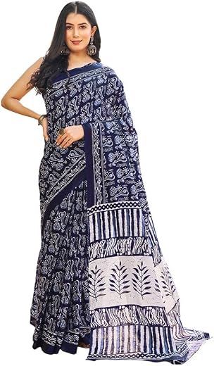 Satrani Women's Cotton Printed & Ready To Wear Saree with Unstitched Blouse Piece