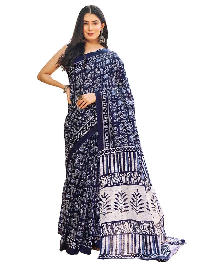 Satrani Women's Cotton Printed &amp; Ready To Wear Saree with Unstitched Blouse Piece