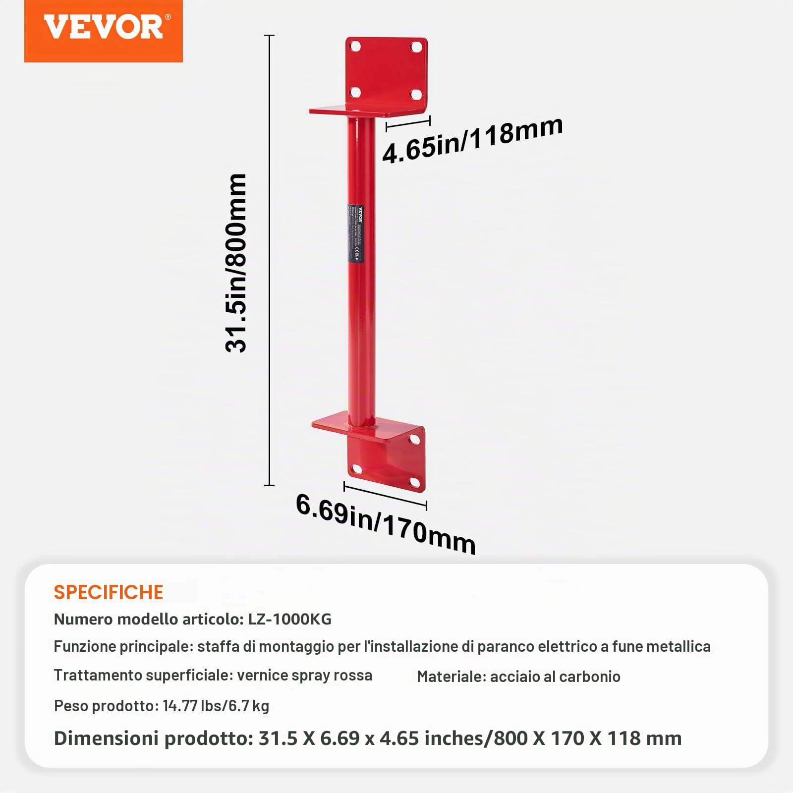 VEVOR Palo di Supporto per Paranco Elettrico, capacità di carico 1000 kg, Telaio del Paranco in Acciaio al Carbonio, Montante Palo di Sollevamento Palo di Sollevamento per Officina Garage